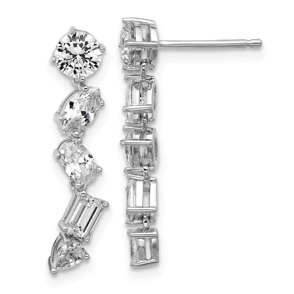 925 Sterling Silver Rh-Plated Polished Fancy Multi-Cut Cz Post Dangle Earrings